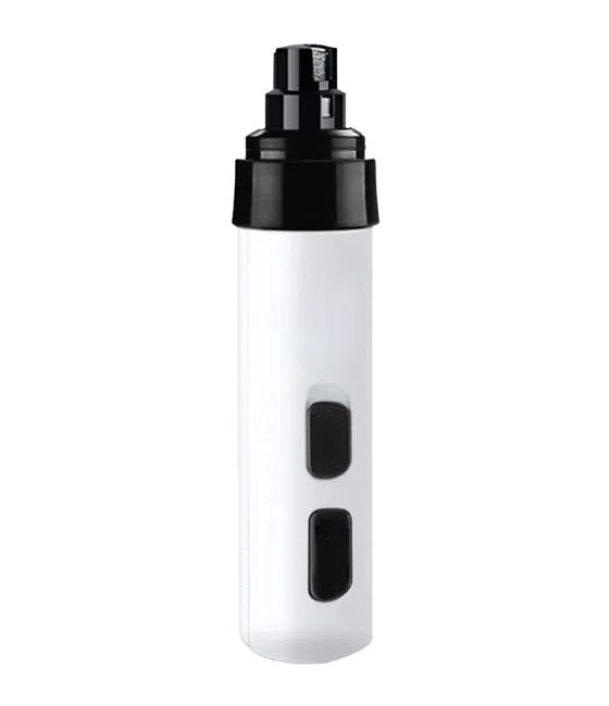 SilentTrim dog nail grinder, white body with a black grinding cap and two speed buttons